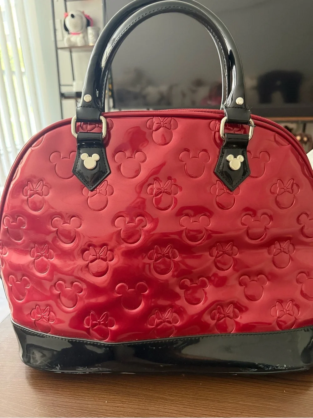 Loungefly Red Patent Minnie & Mickey Dome Satchel with Black Trim